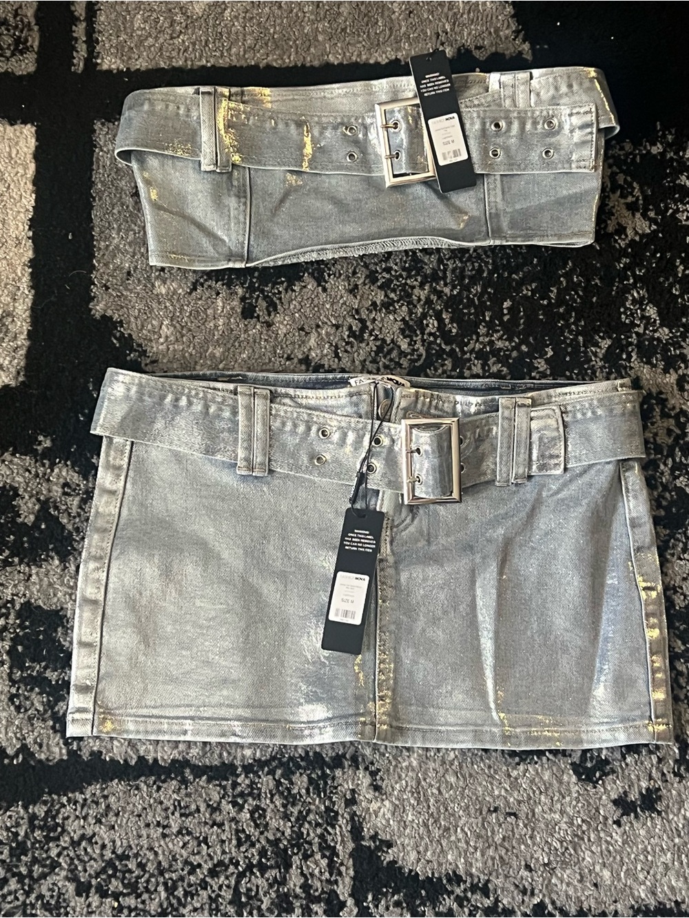 Fashion Nova Silver Metallic Mini Skirt with Buckle Belt